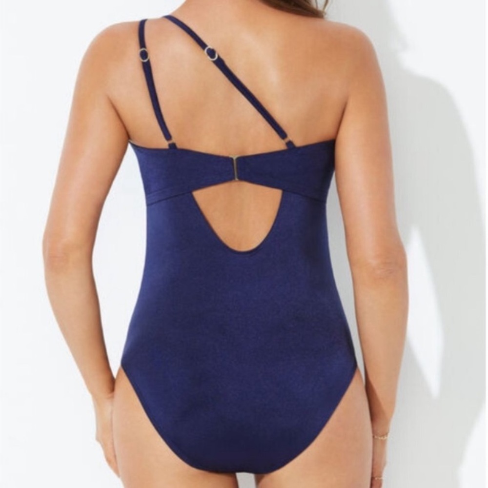 New Swimsuits For All Plus Size 24 One shoulder ruched navy slimming beach - Picture 2 of 4